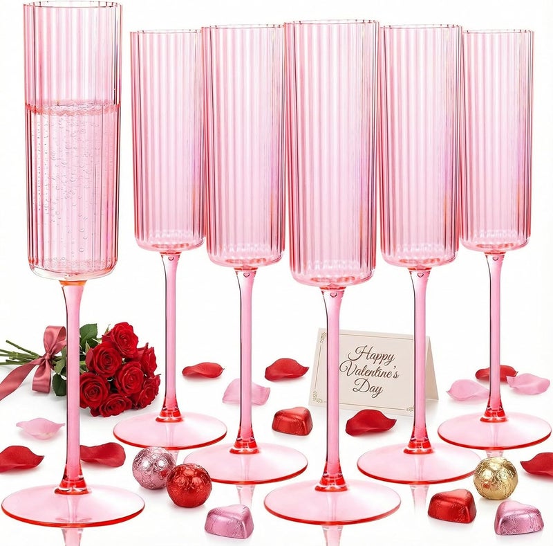 Joyido 36 Pack Pink Plastic Champagne Flutes - 6oz Ribbed Disposable Champagne Glasses - Clear Pink Vintage Mimosa Glasses with Long Stem Elegant & Lightweight for Valentine's Day Wedding Party - Image 1